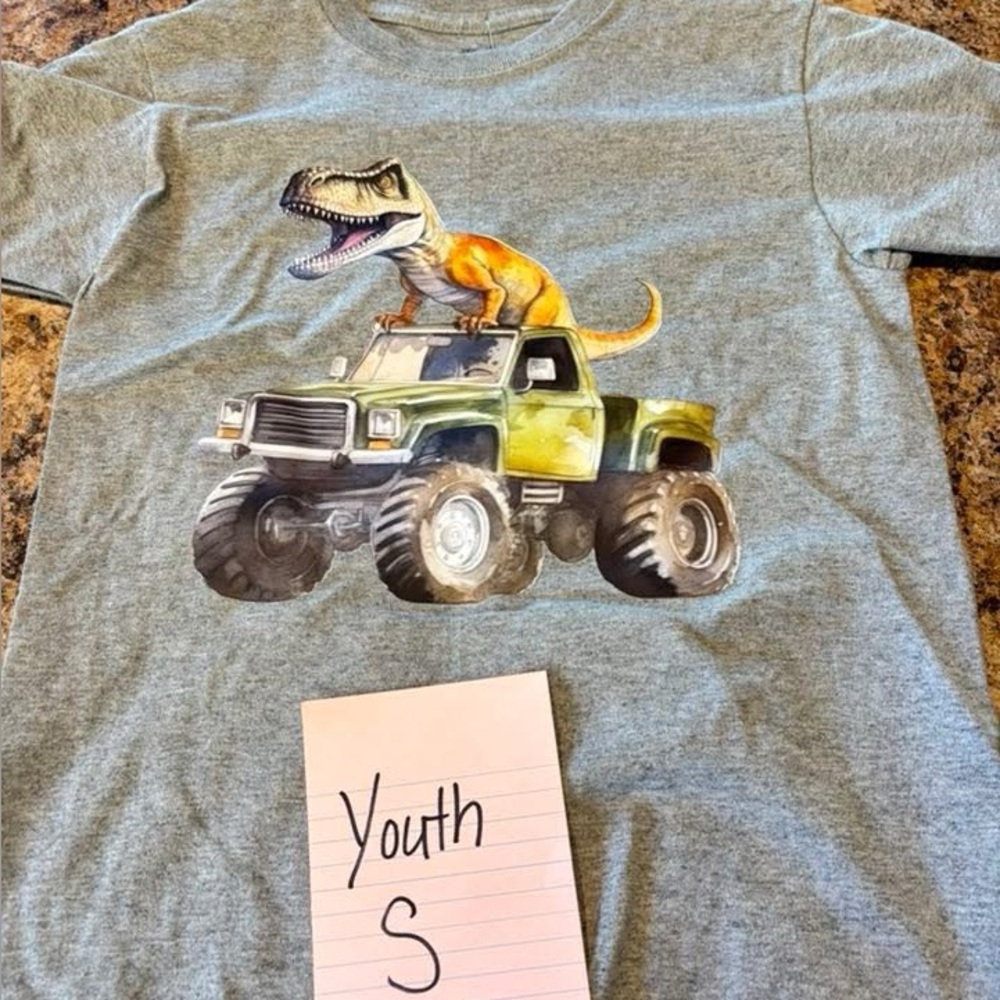 Gray T-Shirt with Dinosaur and Monster Truck Print